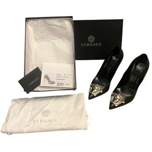 Versace Black Heels with Gold Lion Accent